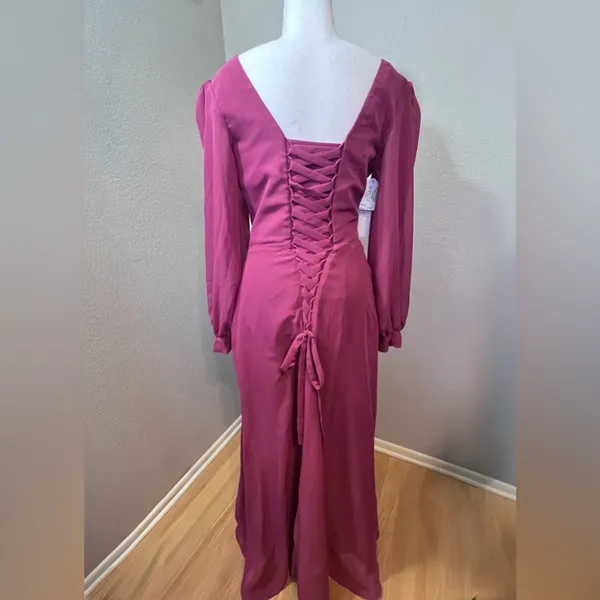 #293 Berry V-neck long-sleeve chiffon Tea Length evening gown-Size 8/Medium - Image 2