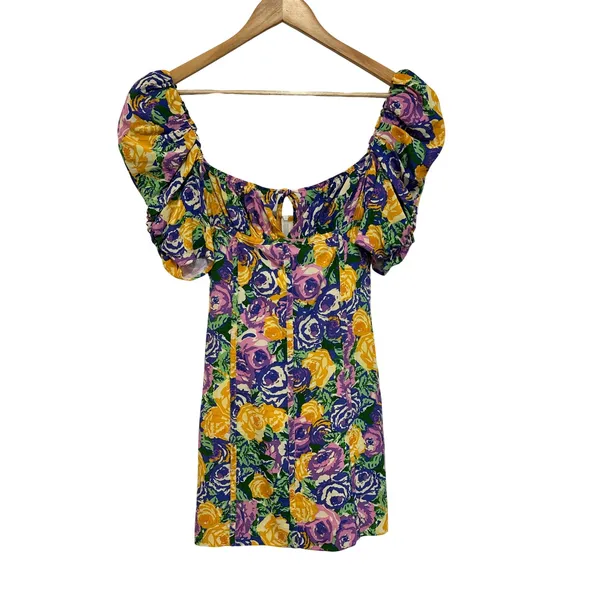 Zara Floral Puff Sleeve Mini Dress Purple Yellow Rose Print Sweetheart Neck XS - Image 2