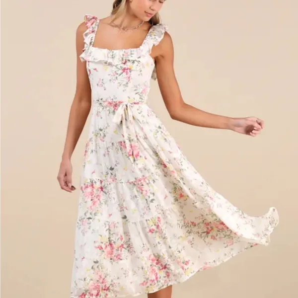 Lulus Shela Ivory Floral Jacquard Tiered Midi Dress‎ Ruffle Womens Medium NEW - Image 14