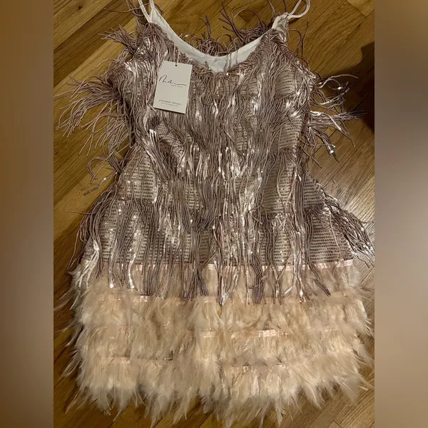 Elegant Feathered Mini Dress Gold - Image 2