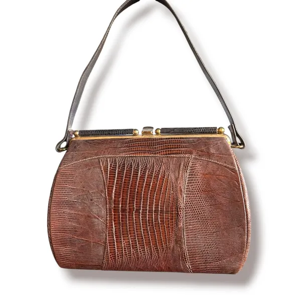 Vintage Brown Lizard Skin Print Frame Handbag Mid Century Exotic Top Handle - Image 3