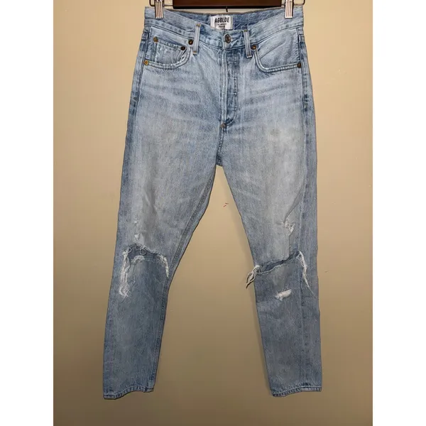 AGOLDE Riley High Rise‎ Straight Crop Jeans Light Wash Distressed Blue Size 25 - Image 2