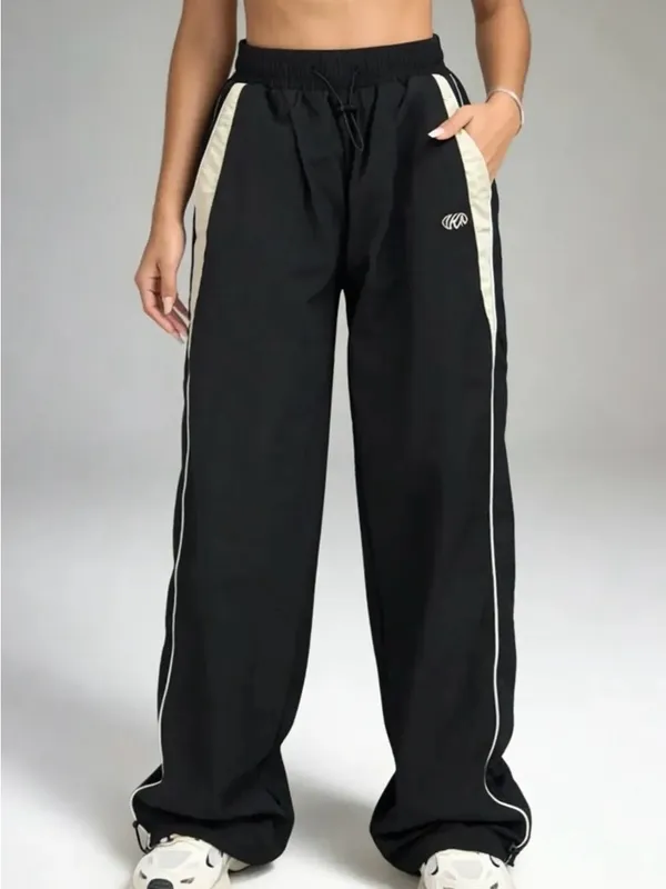 Black White Y2K Wide Leg Track Pants Windbreaker Parachute Joggers M - Image 2