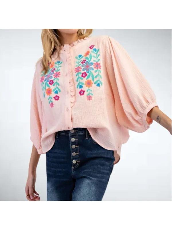 Size S Easel Los Angeles Embroidered Cotton Gauze Shirt Top in Blush - Image 2