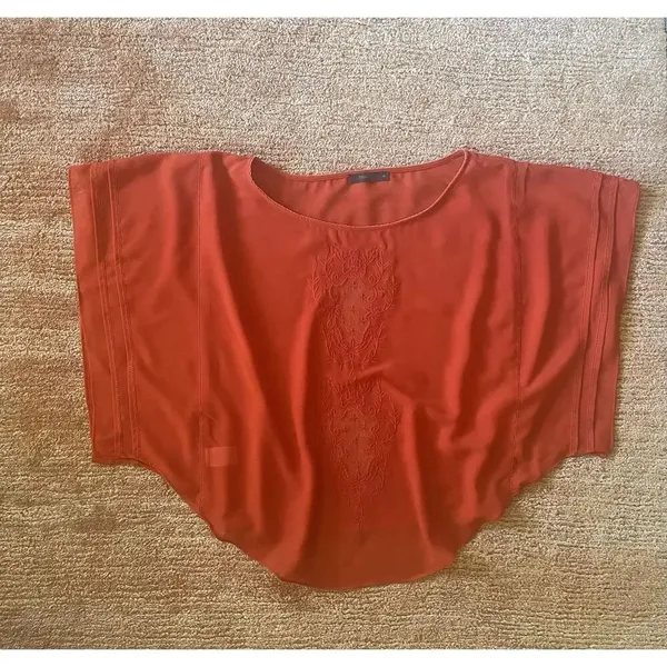 THML Anthropologie Orange Embroidered Cape Flutter Sleeve Sheer Sz M - Image 2