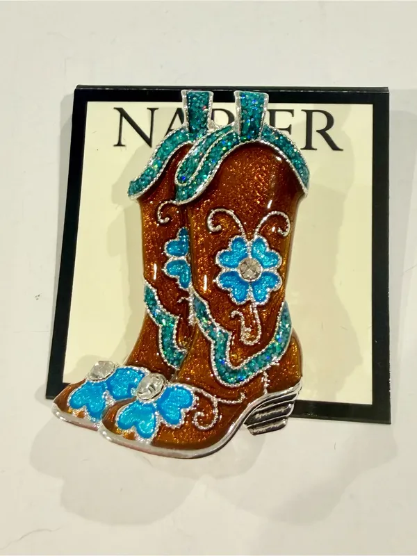 Napier Brown gold Turquoise Cowboy Boot Brooch western cute style gift - Image 2
