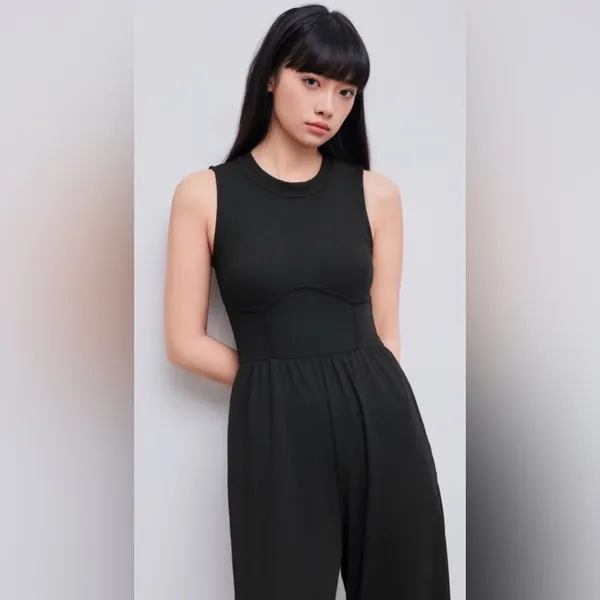 CIDER Solid Wide Leg Corset Rib Jumpsuit Black Minimalist Chic Vibe Size Large - Image 3