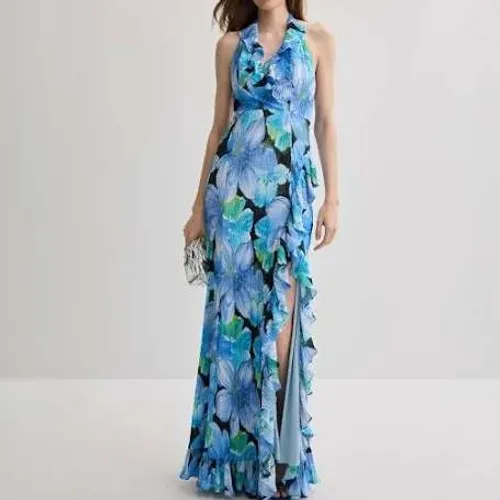 Dress the Population Womens Dress Small Cobalt Multi Kathleen Floral Halter Gown - Image 11