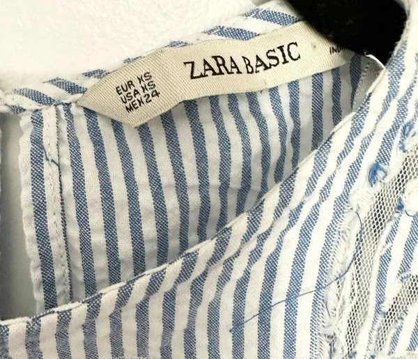 Zara striped blue blouse with lace floral cutout details mesh pin stripe size XS - Image 3