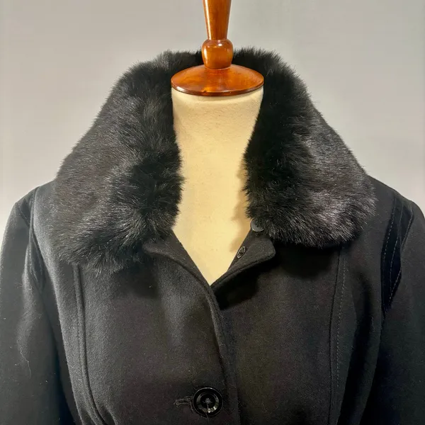 Faux Fur Collar Black Trench Coat Coquette Dark Academia Old Money Wool Blend XL - Image 4