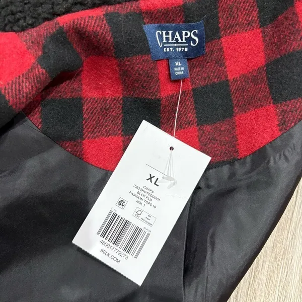 Chaps Red Black Plaid Fringe Jacket Sherpa Collar XL - Image 2