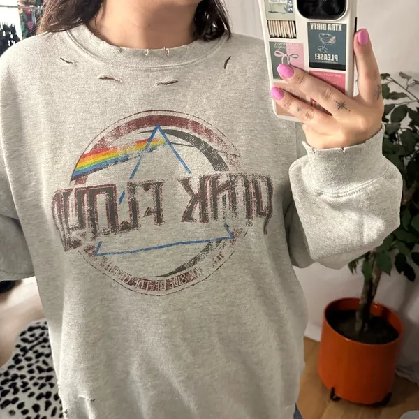 Pink Floyd Crew Neck Distressed Pullover Sweatshirt Gray Size 1X - Image 5