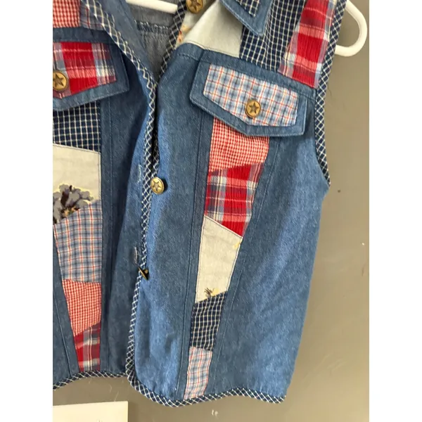 Vintage Patchwork Denim Vest Blue Red Plaid Floral Star Button Cottagecore Top - Image 3