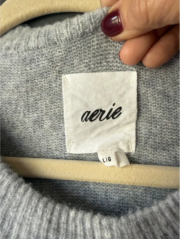 Aerie Gray Sweater with Green Stripes, Size Large - Image 3
