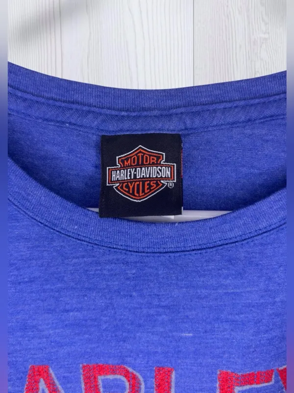 HARLEY DAVIDSON Vintage Royal Blue Heather Graphic T-Shirt | Red Spellout Logo - Image 5