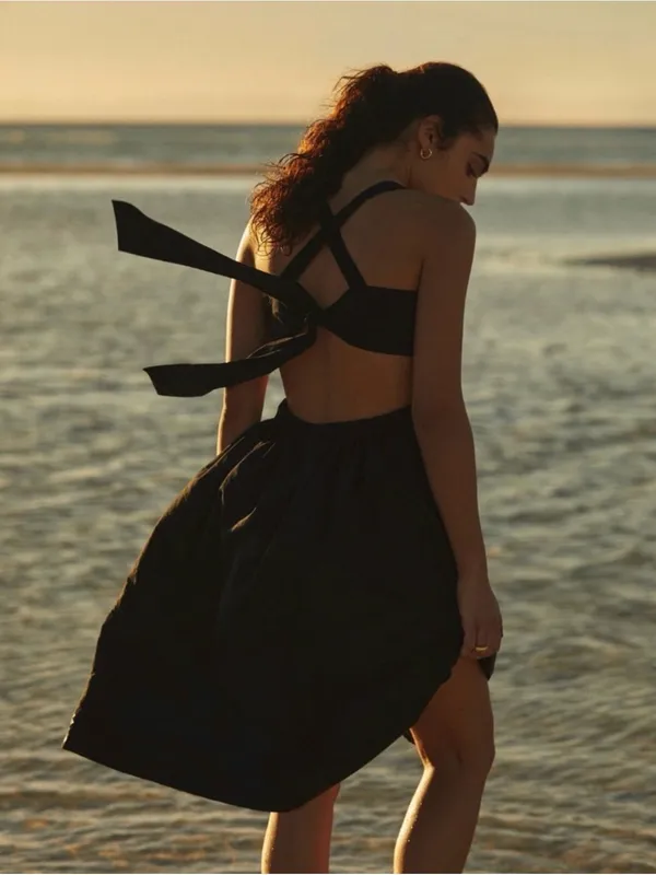 Anthropologie Maeve Black Babydoll Mini Dress with Cutout Back Detail: Size 6P - Image 2