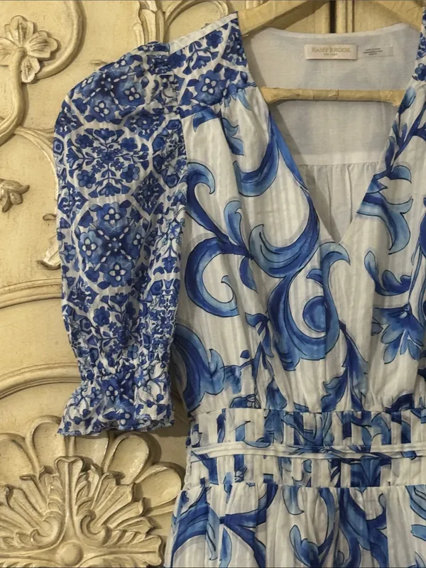 Ramy Brook Womens Susan Blue Printed V-Neck Cotton Mini Dress Size XXS. A-2 - Image 5