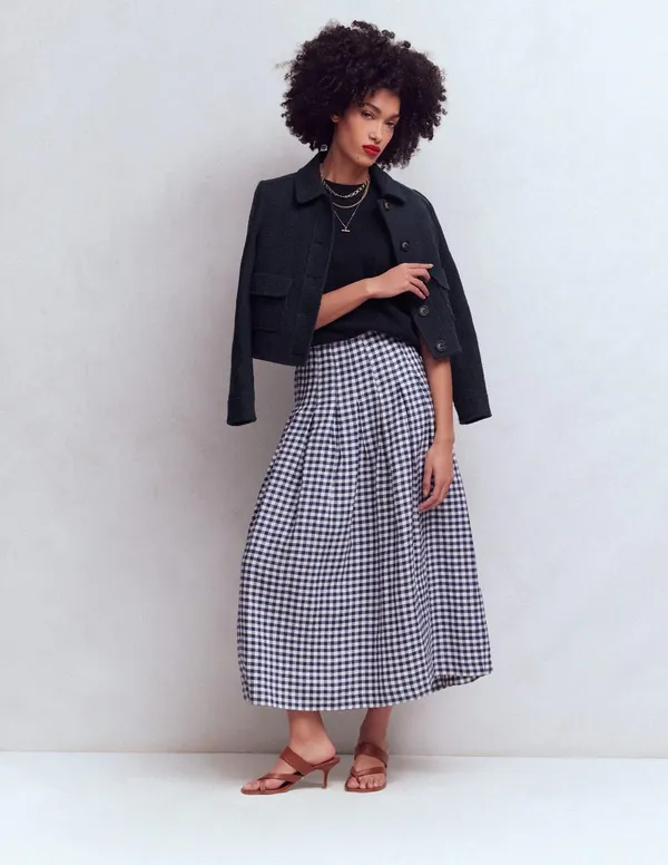Boden Valentina Linen Skirt Navy Gingham Midi - Image 3