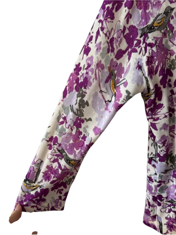 Garnet Hill Merino Wool Floral Bird Cardigan Purple Size Large - Image 6