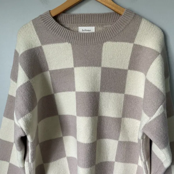 Bohme Boutique Knit Boho Sweater Crewneck Checkered Pattern Brown Cream Size Med - Image 5