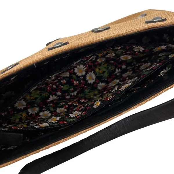 Cole Haan Bag Tan Black Wicker Appliqued Flowers Purse Handbag Mini Pocketbook - Image 8