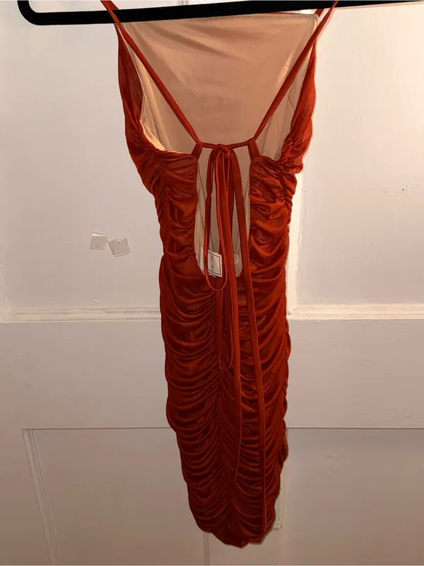 Rust Ruched Spaghetti Strap Midi Dress - Image 2