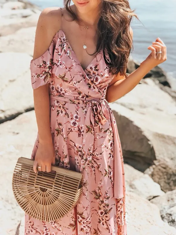 Wayf Pink Floral Ruffle Midi Wrapped Dress Small - Image 2