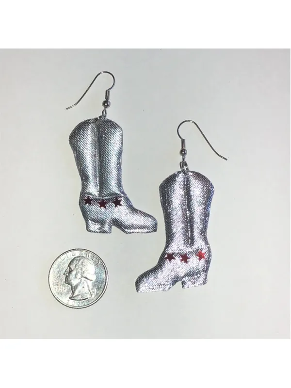 Silver Tone Fabric Cowboy Boot Earrings with Red Stars - Image 4