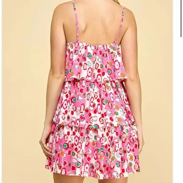 TCEC Pleated Tiered Circle Print Mini Dress Spaghetti Strap Pink Red White M - Image 3