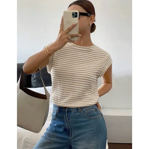 SheIn Women’s Beige Cream Striped Waffle Knit Sleeveless Top Size S - Image 4