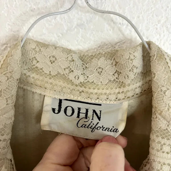 Vtg 70s John California Button Down Lace Dress Maxi Womens Cream Boho Collared - Image 6