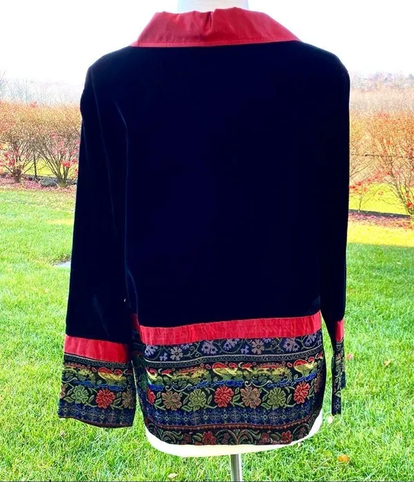 Coldwater Creek Small Jacket Velvet Button Front Black Wine Tapestry Holiday - Image 7