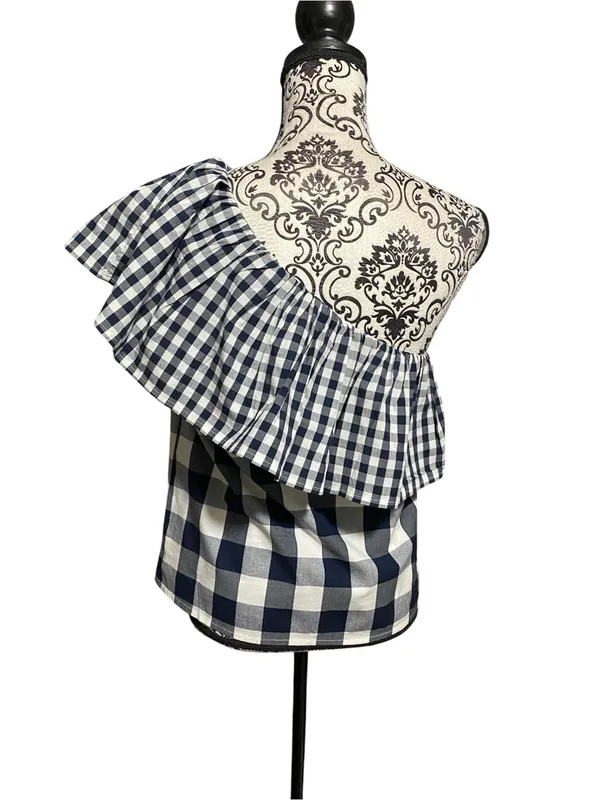 J. Crew Navy and White Gingham Ruffle One Shoulder Blouse Top Sz-4 NWT - Image 3