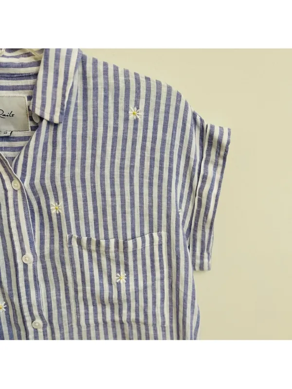 Rails Whitney Blue White Stripe Daisy Short Sleeve Collared Linen Rayon Shirt XS - Image 8