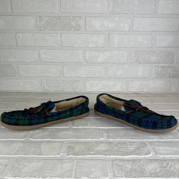 J Crew Slippers Womens 8 Green Blue Plaid Faux Shearling Fur Lining Moccasin - Image 9