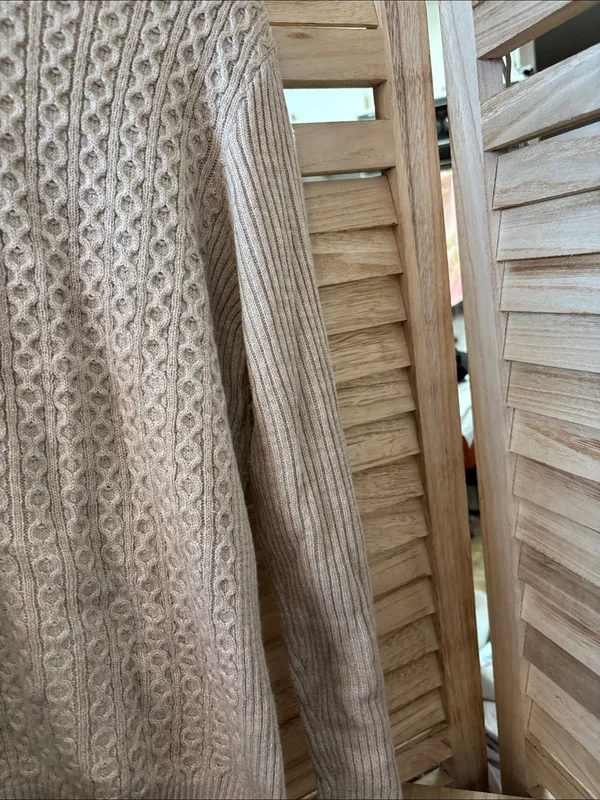 Laura Scott Beige Cable-Knit Henley Sweater Medium Petite - Image 3