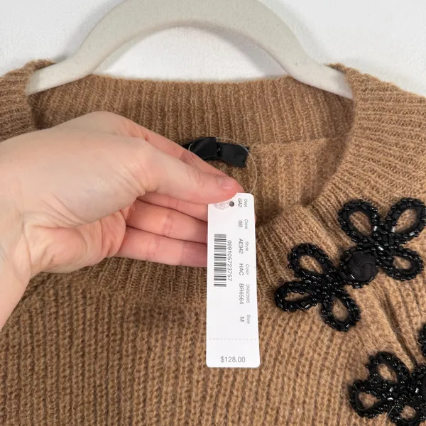 J. Crew Wool Alpaca Blend Sweater Brown Beaded Flower Embellished Womens Medium - Image 5