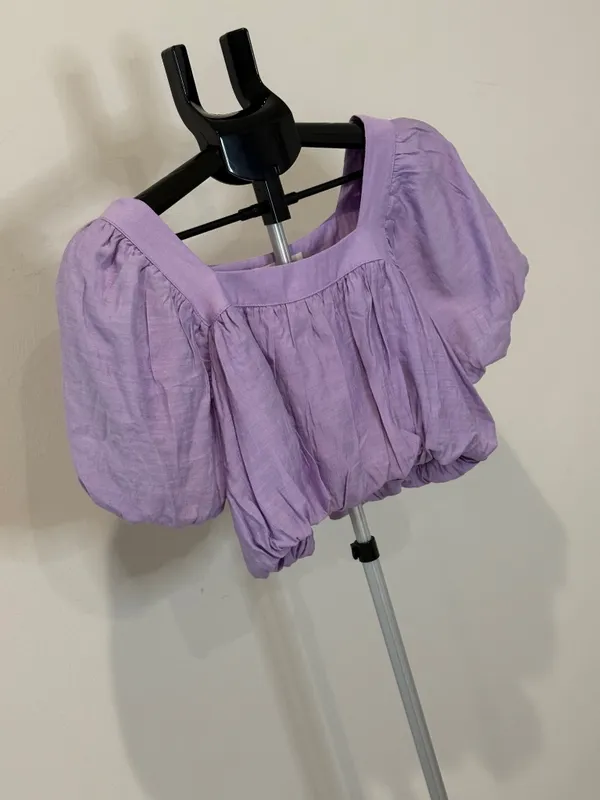 Mustard Seed Lavender Purple Puff Sleeve Crop Top Square Neck Size Small - Image 3