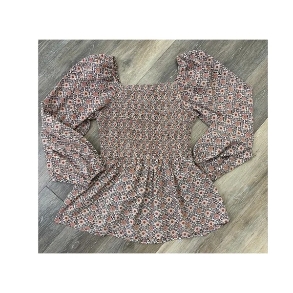 Hayden Smocked Floral Peplum Blouse Large Boho Puff Sleeve - Image 7