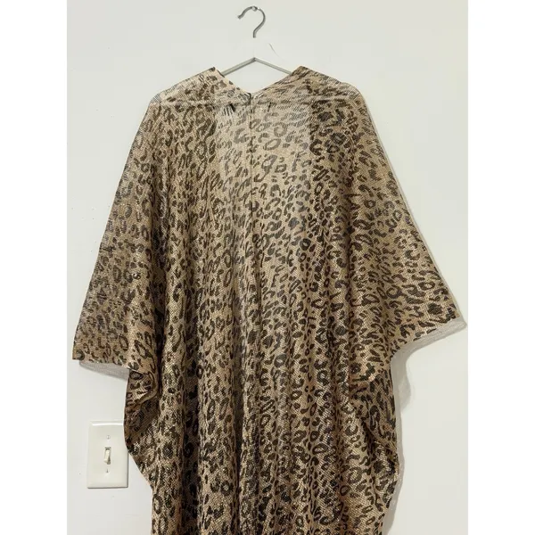 Women’s Leopard Print Fringe Kimono Gold Metallic Mesh Boho Cover-Up One Size - Image 9