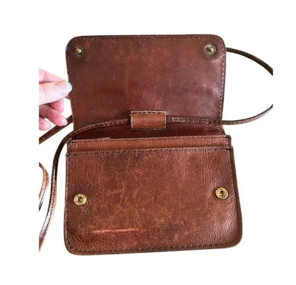 Vintage Brown Leather Crossbody Purse Minimalist Bag w/ Zipper & Snap Closure - Image 5