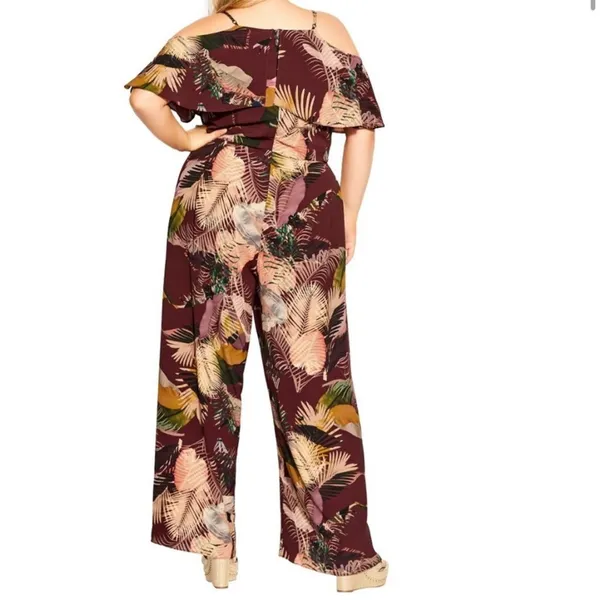 City‎ Chic Tropic Heat Tropical Flowy Burgundy Wrap Wide Leg Jumpsuit Sz 16 - Image 2