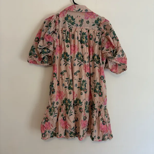Peach Multi Floral Print Collared Button Down Ruffle Dress 100% Cotton Medium - Image 3
