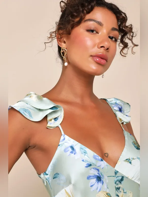 LULU’S Captivating Grace Sage Green Floral Satin Ruffled Maxi Dress - Image 3