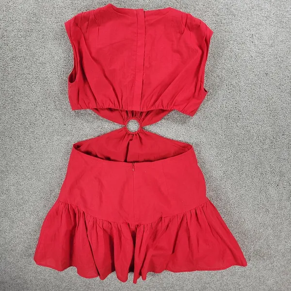 White Fox Cutout Ring Dress Womens L Red Sleeveless Mini Fit & Flare Ruffle Hem - Image 13