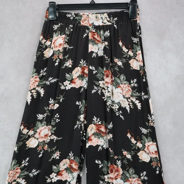 Copper Key Black Floral Wide Leg Pants Boho Palazzo High Waist Lounge VTG‎ Small - Image 4