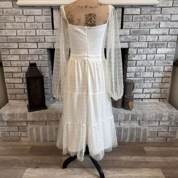 Lulus Affectionate Aura White Swiss Dot Tiered Bustier‎ Midi Dress Medium - Image 4