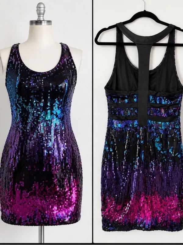 NWT Venus Sequin Bodycon Dress Medium Black Purple Pink Iridescent Party Dress - Image 2