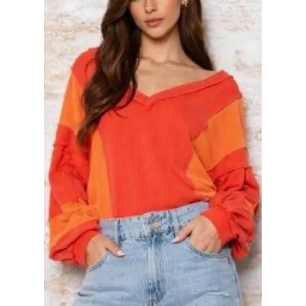 Charming Charlie sz L Women Studded Waffle VNeck Long Sleeve Top patchwork stitch - Image 7