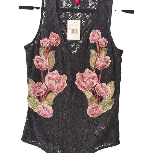 GUESS Womens Kassandra Lace Bodysuit S Black Rose Applique Floral Romantic - Image 3